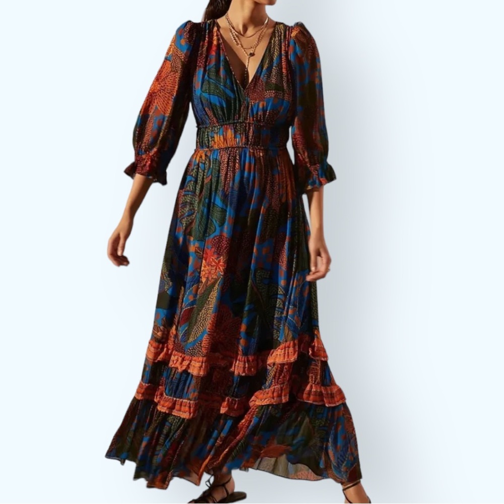 Farm Rio x Anthropologie Puff Sleeve Sm - 4 / 6 Blue Green Tropical Floral Maxi